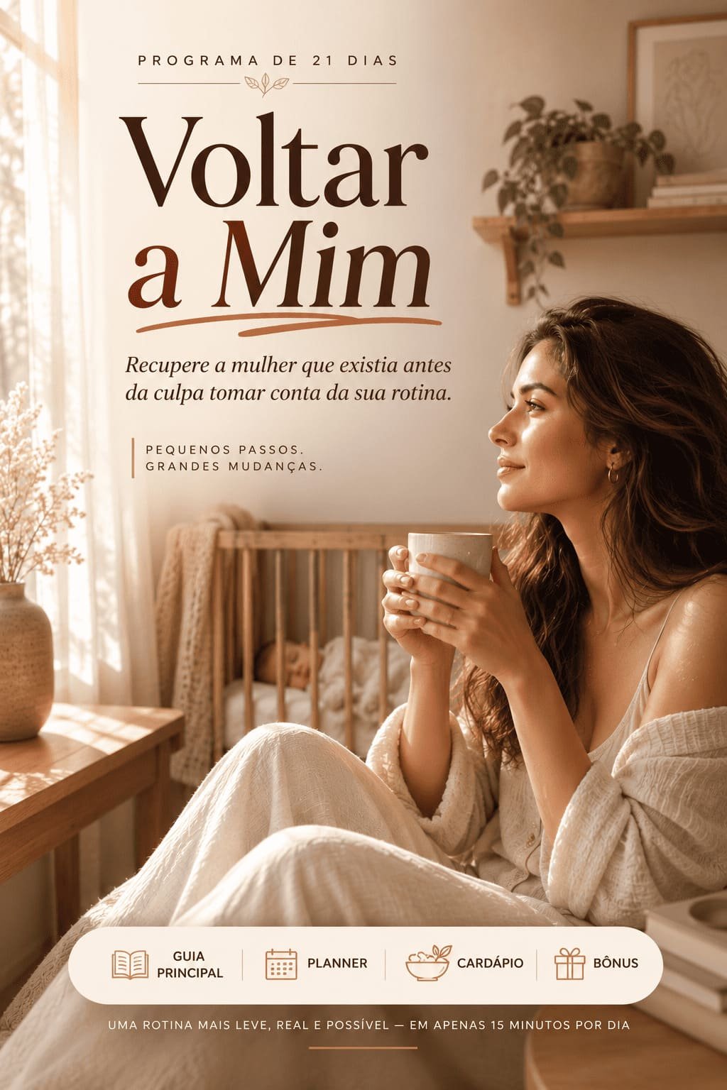 Mulher tomando café perto da janela, bebê dormindo ao fundo