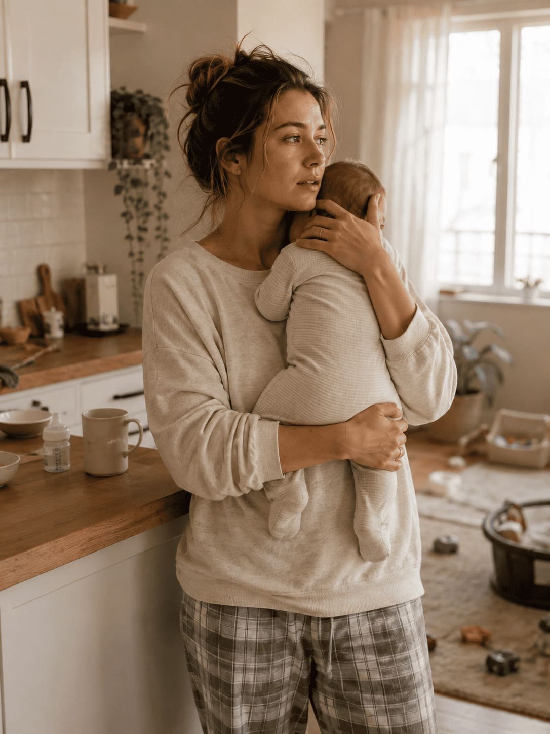 Mãe segurando o bebê no colo, rotina real de pós-parto