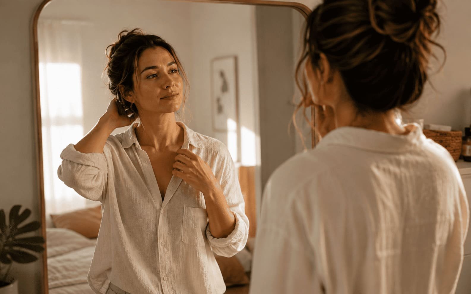Mulher se olhando no espelho, sorrindo, se reconhecendo de novo