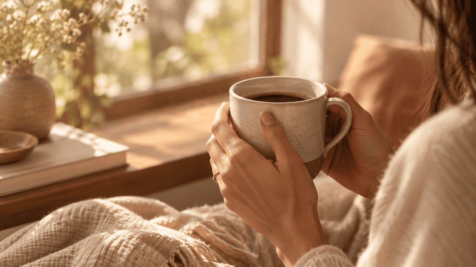 Mãos segurando uma xícara de café, luz da manhã